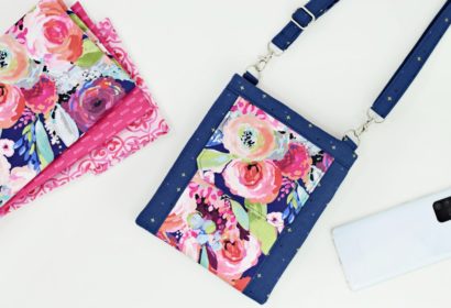 finished small crossbody bag in Blissful Blooms fabric and blue Sparkler fabric