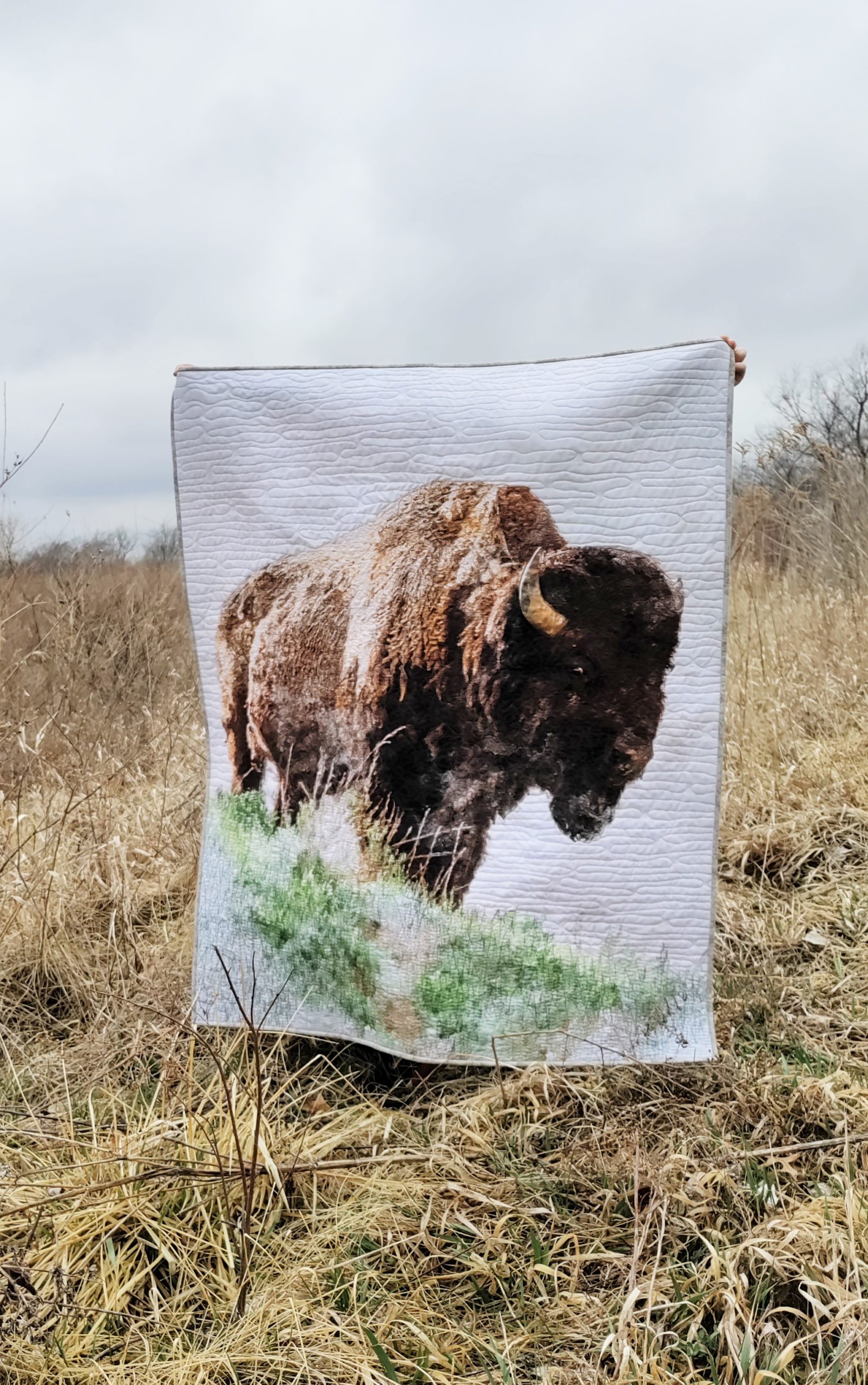 Nature's Window Buffalo panel free-motion quilted being held by a young boy in a field of brown grass
