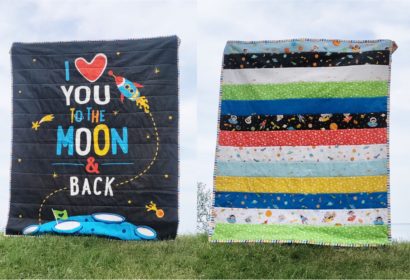 An image showing both the front and back of the quilt. One side is a panel that says "I love you to the moon and back" and the other side is made of wide strips of fabric sewn together.