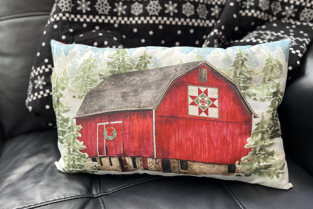 Christmas barn pillow using the December panel from the Monthly Placemat Panel Program by Tara Reed
