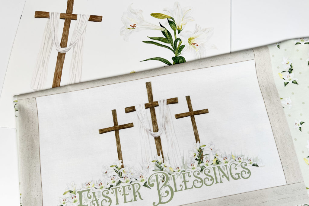 Easter Blessings placemat with 3 crosses and Easter lilies with watercolor paintings by Tara Reed