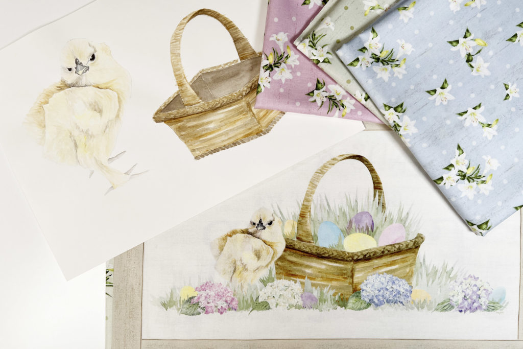 Easter placemat and coordinating lily fabric with watercolor paintings by Tara Reed