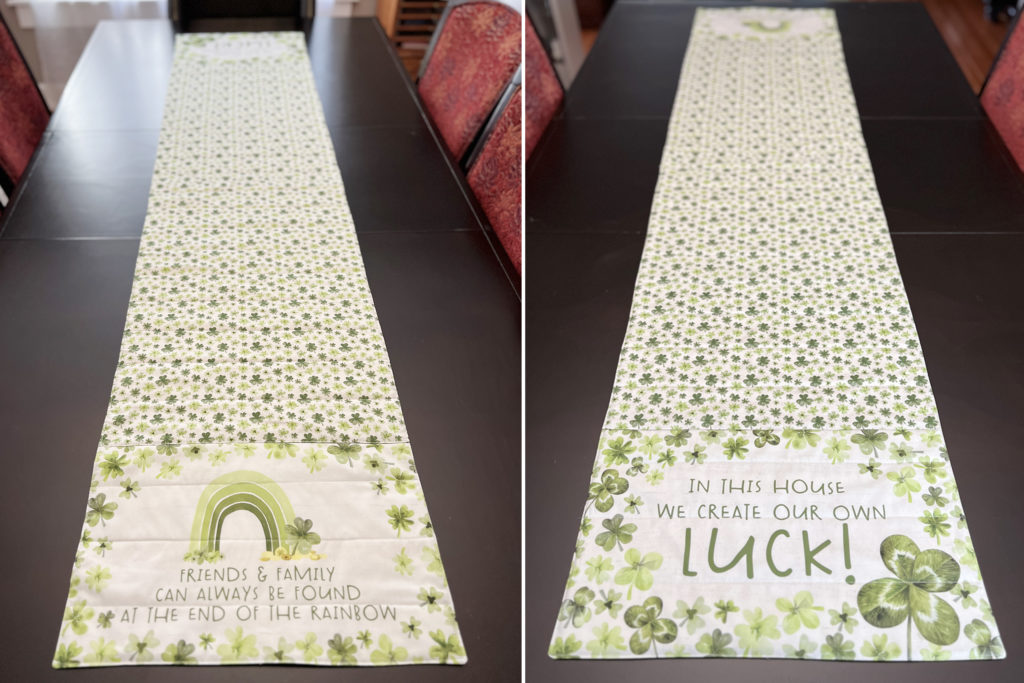 table runner made with march placemat panel images and shamrock fabric by Tara Reed