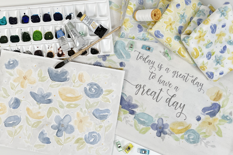watercolor painting and fabrics by Tara Reed for Riley Blake Designs