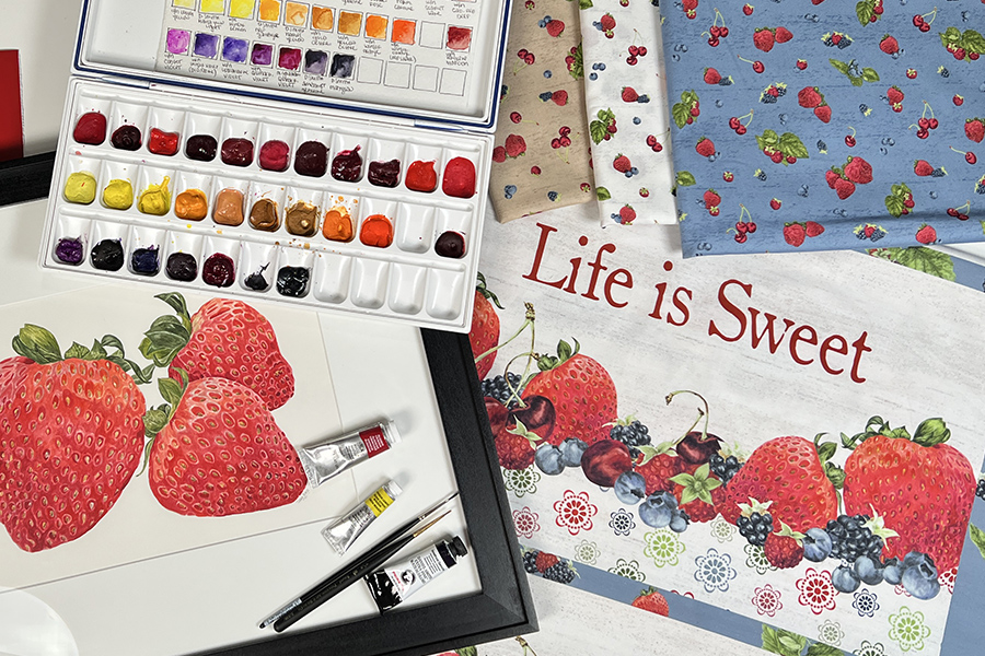 watercolor paints, strawberry painting and fabrics by Tara Reed for Riley Blake Designs