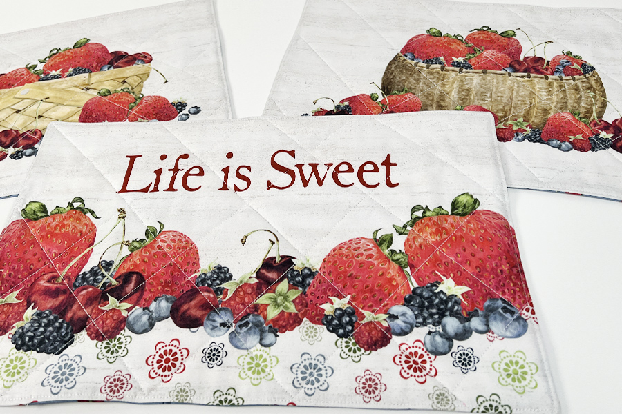 3 fabric placemats with summer berries - watercolor paintings by Tara Reed