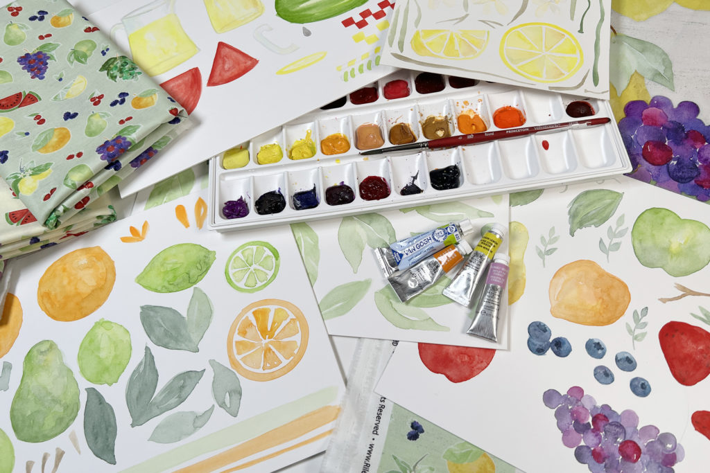 watercolor fruit paintings by Tara Reed that are on fabric from Riley Blake Designs