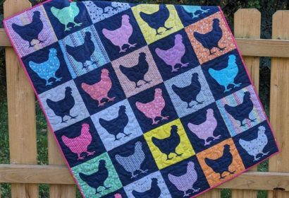 Applique chickens made with Effervescence fabrics