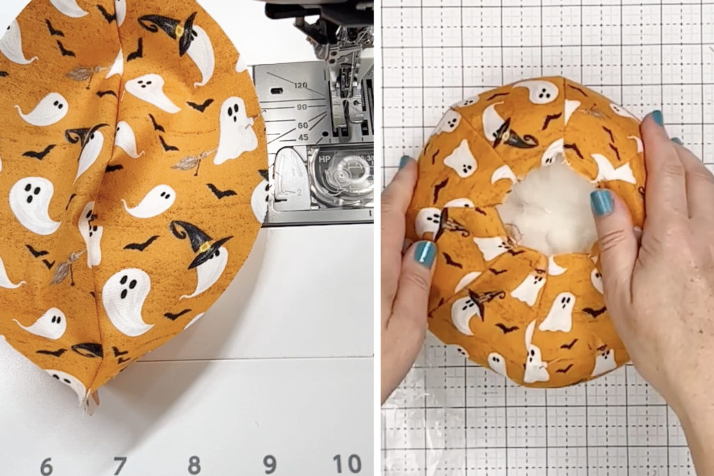 sewing and stuffing a fabric pumpkin