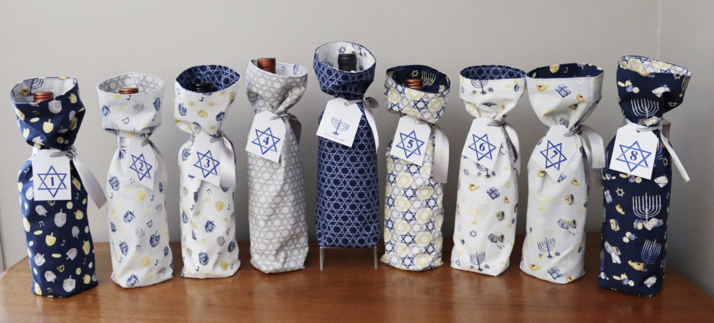 wine bottle menorah featuring Hanukkah Nights fabric by Tara Reed for Riley Blake Designs