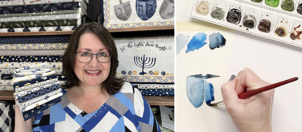 Tara Reed holding Hanukkah Nights fabric and painting a dreidel